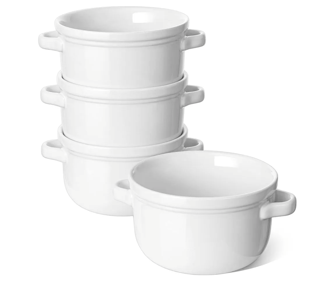 LE TAUCI Soup Bowls With Handles 28 oz, French Onion Soup Bowl for Chili, Beef Stew, Cereal, Ceramic Soup Crocks oven Safe, Microwave Dishwasher Safe - 5.5 inch, Set of 4, White