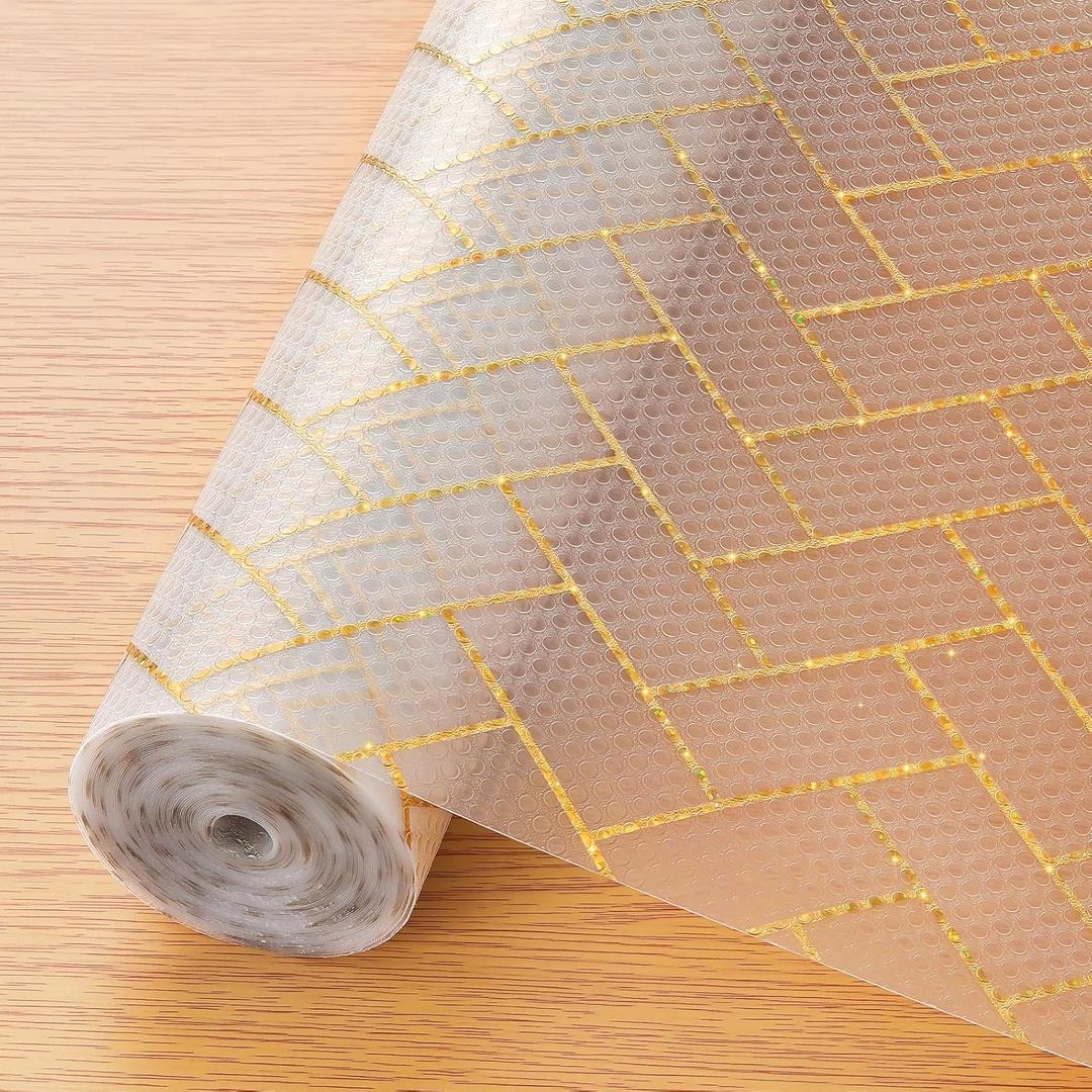 Cooyes Shelf Liner for Kitchen Cabinets  Non-Adhesive Waterproof Drawer Liner  Durable EVA Material Easy-to-Cut Shelf Paper for Refrigerator, Cupboard, Dresser with Modern Pattern (11.8"W x 236"L, Antique Golden)