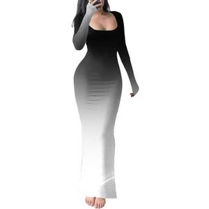 HBQ Women's Bodycon Maxi Dress Long Sleeve Square Neck Lounge Dresses Sexy Night Out Party Dress (Large, Black Gradient)