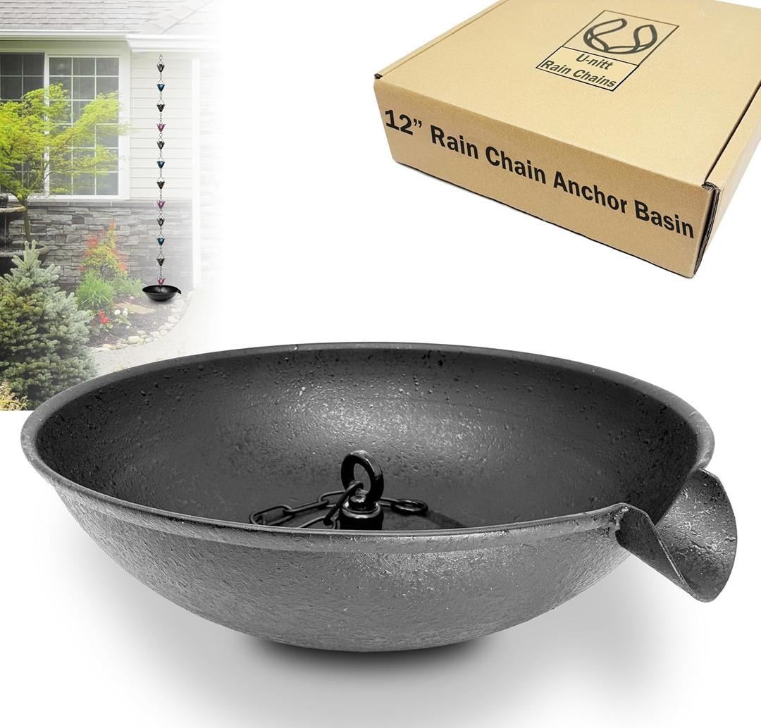 12" Spill Bowl Catch Basin for Rain Chain Anchoring & Stake | Rainwater Collection for Roof Gutter Downspout | Good For Water Fountain & Birdbath | Black | Works with Rainchain | Handles Heavy Rain