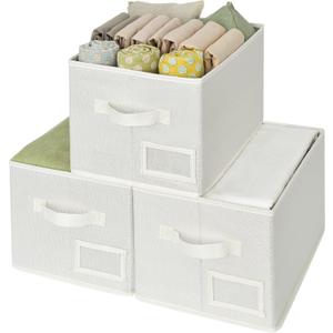 GRANNY SAYS Closet Organizer Bins with Label Holder, Fabric Storage Baskets, Foldable Storage Bins for Living Room, Decorative Storage Containers Organizing, Pearl White, 3-Pack (Medium)