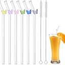 Reusable Glass Straws with Colorful Butterfly, 5 PCS Reusable Straws with 2 Cleaning Brushes, Shatter Resistant Clear Glass Straw Dishwasher Safe for Cocktailc Smoothies Milkshakes Teas