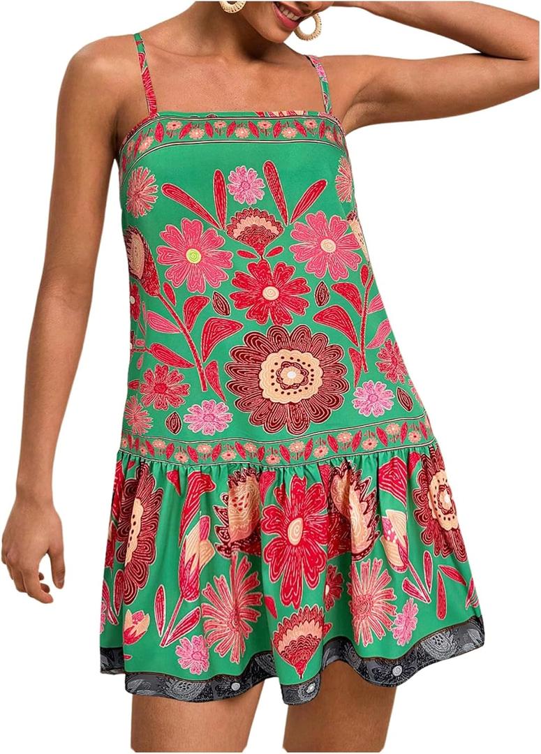 Women's Floral Boho Flowy Mini Cami Dress Ruffle Hem Spaghetti Strap Vacation Tank Dresses (Medium, Green)