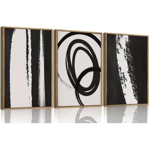 OIQArtOIQ 3 Piece Large Abstract Canvas Wall Art For Living Room Black and White Framed Wall Art Dynamic Lines Geometric Modern Minimalism Art Prints Artwork For Bedroom Office Dining Room 12x16 in