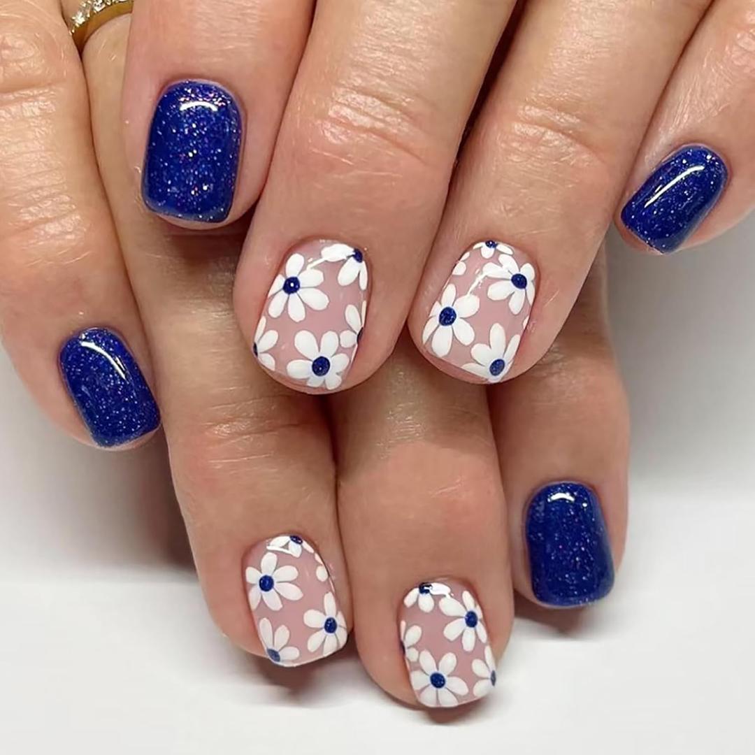 24Pcs Spring Summer Press on Nails Blue Square Fake Nails Short Acrylic Nails with Cute Flower Design Glitter Press on Nails Reusable Stick on Nails for Women and Girls Spring Summer Nail Art Decor