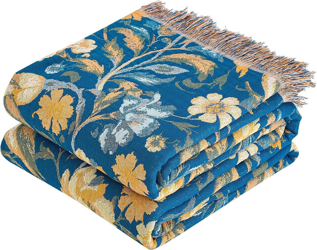 VANJOROY Boho Throw Blanket, 100% Organic Cotton Breathable Ultra Soft 50" x 60" Bed Quilt Blue Throw - All Season Bird Floral Rustic Farmhouse Decor Reversible Blanket for Couch Chair and Gift