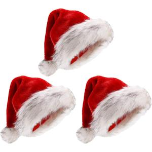3 Pcs Christmas Santa Hat with Gray Fur Plush Pom Pom Xmas Hats for Adults Red White Christmas Santa Claus Party Supplies