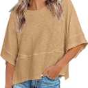 Womens Fashion T-Shirt Crewneck 3/4 Sleeves Solid Color Loose Basic Tops Summer Casual Tees Blouses (Medium, Khaki)