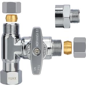 YUHX Brass Angle Stop Add-A-Tee Valve, 3/8 Inch Compression Outlet Easy Connect 3 Way Diverter 3/8"x3/8"x1/4" or3/8"Ice Maker RO System T
