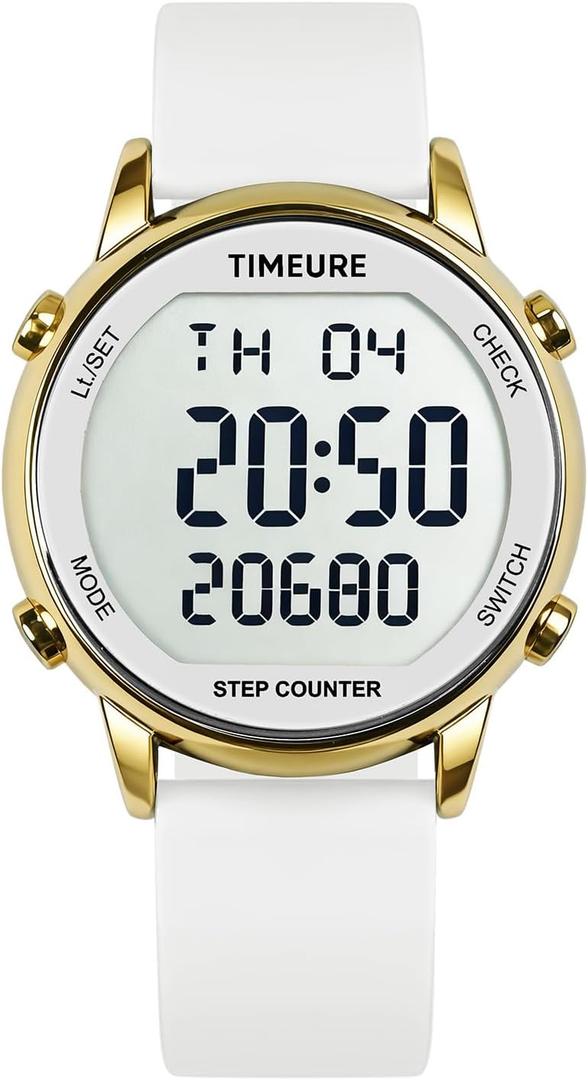 TIMEURE Pedometer Watch for Women, Step Counter for Walking No App/Phone Required Step Counter, Waterproof Fitness Calorie Tracker, Distance Tracking, Alarm, Large Digital Display Watch, TU-2509 (white)