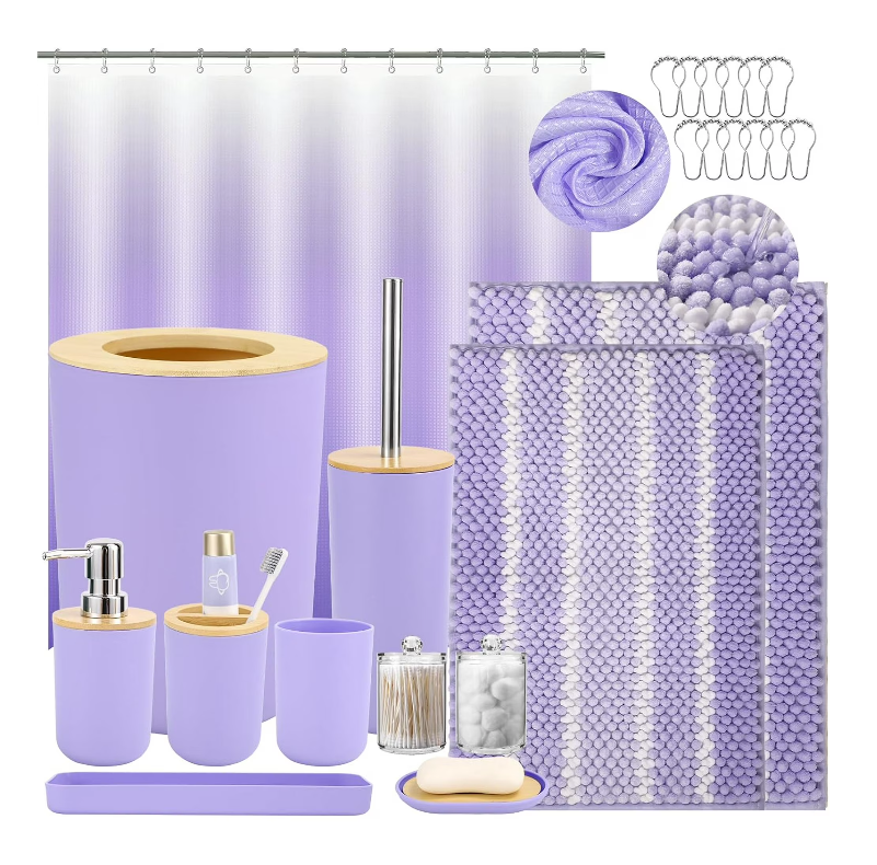 SLDIYWOW Purple Bathroom Accessories Set with Ombre Shower Curtain and NoSlip Bath Rugs,24PC Bath Sets with Trash Can, Toothbrush Holder, Cup, Soap Dispenser, Tray, Soap Dish,Toilet Brush,Qtip Holder
