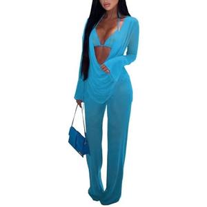 EDITCOZY Women Mesh Sheer 3pcs Outfits Long Sleeve Top Long Pant Bikini Cover Up XL