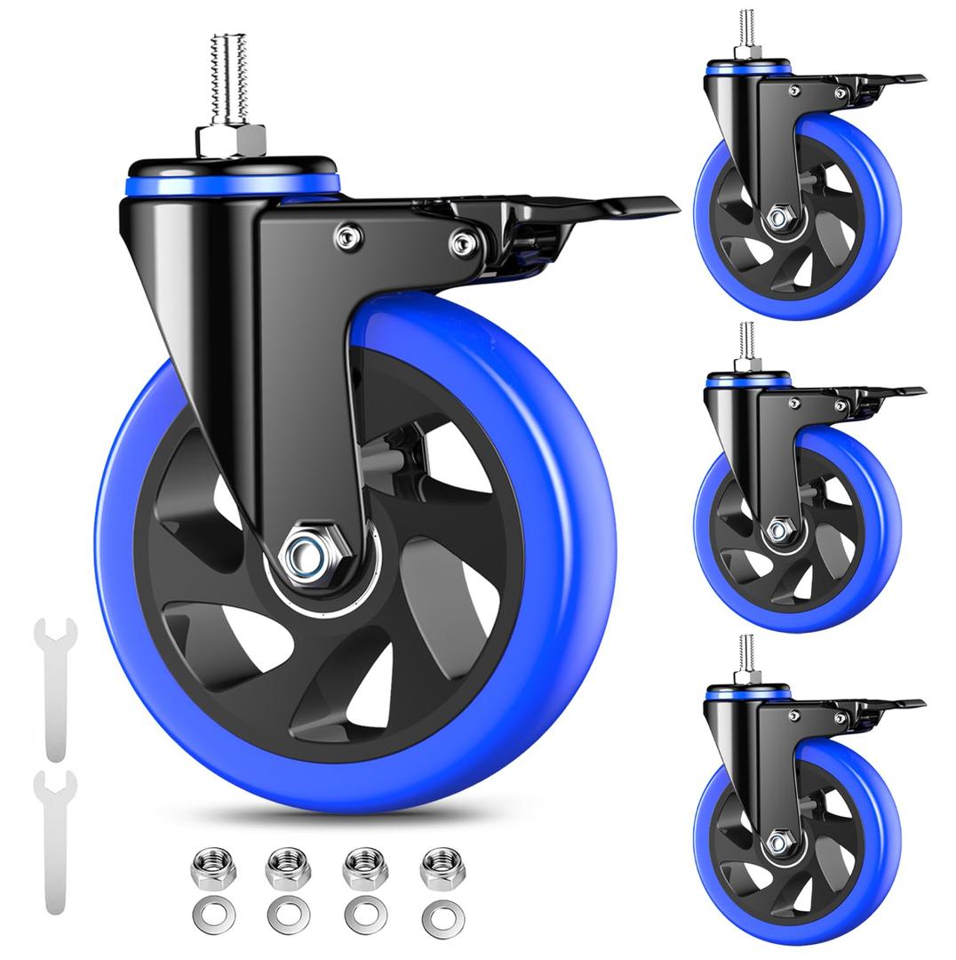 5 Inch Caster Wheels Heavy Duty Stem Caster 2200Lbs, Threaded Stem Casters 1/2"-13 x 1(Stem Diameter 1/2", Stem Length 1"), Swviel Locking Caster Set of 4, Industrial Castor Wheels for Cart,Furniture