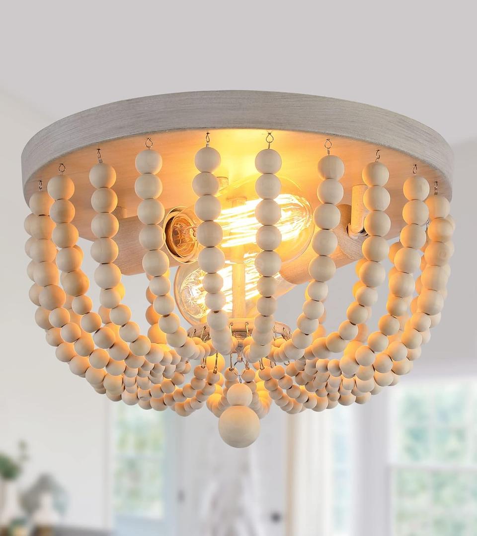 Q&S Boho Chandelier Wood Beaded Flush Mount Ceiling Light Fixtures for Nursery Baby Bedroom Kitchen Hallway, Oak White Finish, 2-Lights
