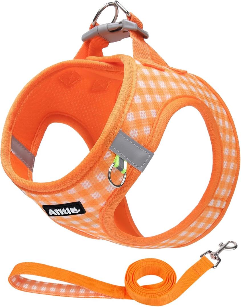 AIITLE Small Dog Harness with Leash Soft Breathable Mesh, Plaid Pattern & Reflective Strips Ideal for Training, Running & Party Outings (S, Orange)