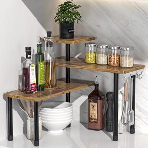 JayRex Countertop Organizer Organization, 3 Tier Moveable Corner Shelf Organizer for Kitchen, Bathroom, Spice Rack, Coffee Area, Over Sink, Dresser Table (Rustic Brown), 26.75 inches x 7.4 inches x 15.2 inches