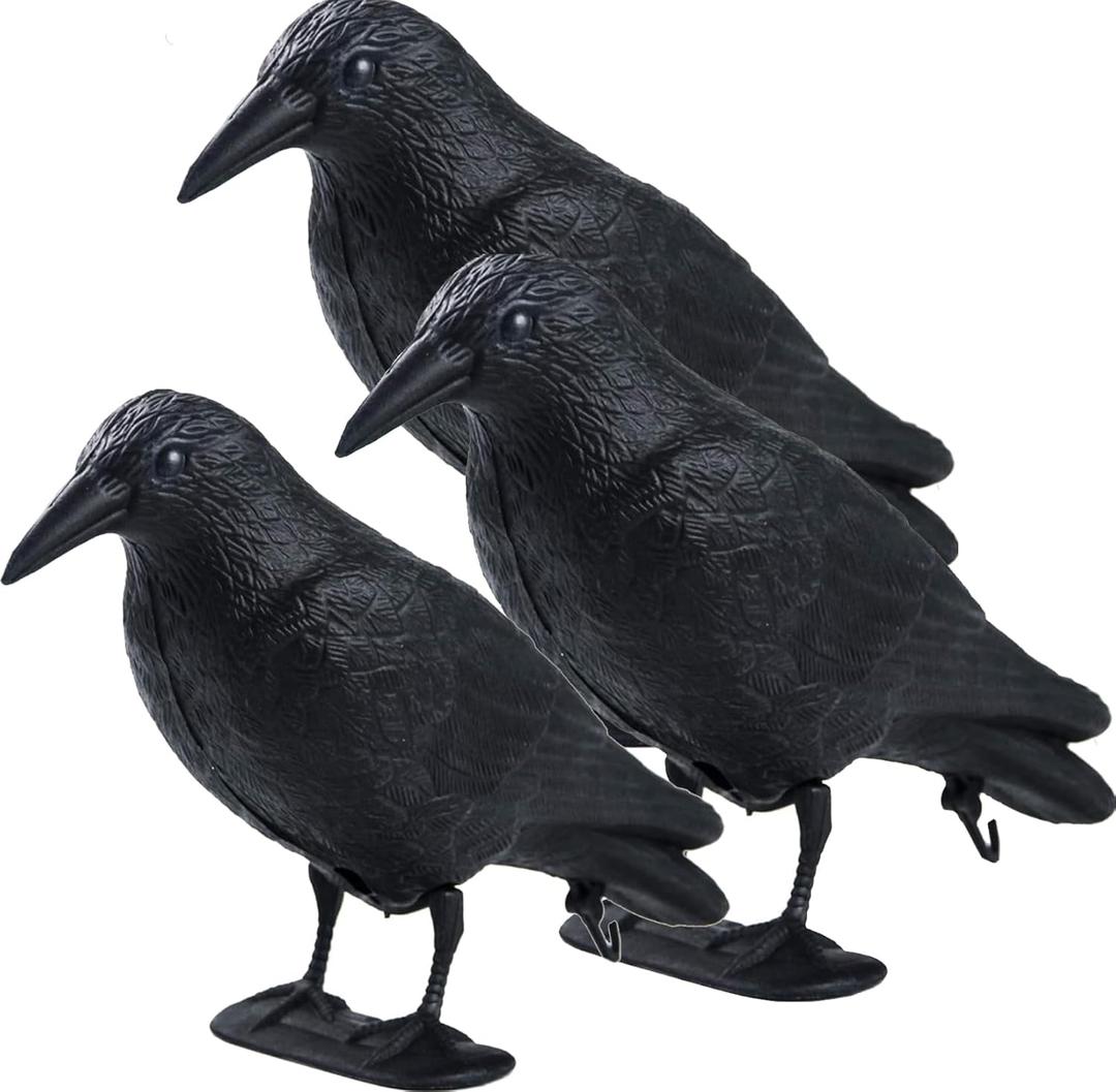 Realistic Crow Decoys, Life Sized Simulation Crow Statue Hunting Bait Decoys Black Crow Figuring,Flying Bird Props for Halloween Party Outdoor Garden Decoration (3PCS)