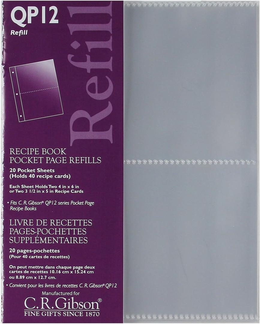 CR Gibson QP-12 Small Recipe Book Pocket Page Refill 20 sheets