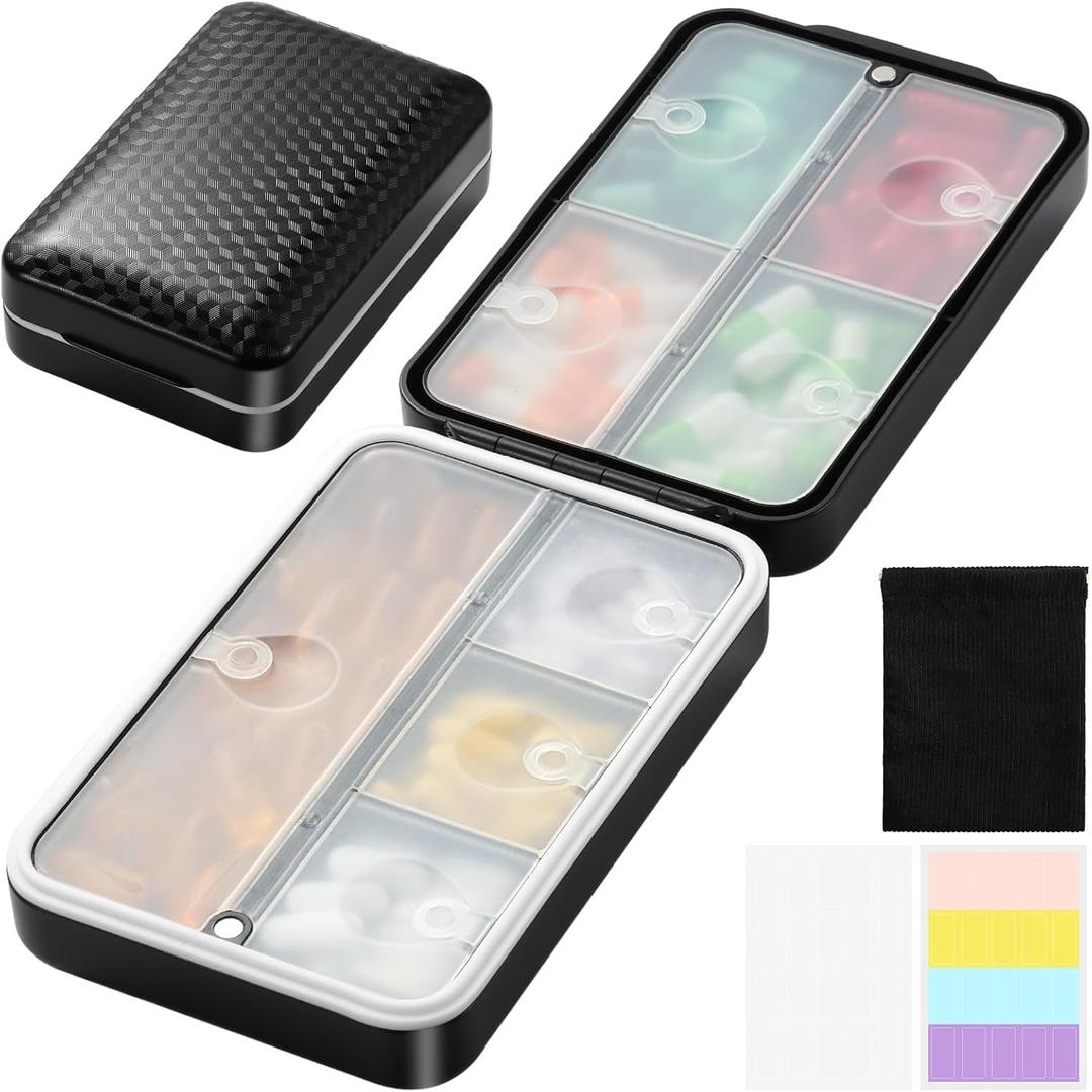 Travel Pill Organizer, Pill Organizer Travel with Labels and Storage Bag, 8 GRIDS Large Travel Pill Box, Moisture-Proof Airtight Daily Pill Case for Vitamin, Medicine, Fish Oil/Supplements, Black
