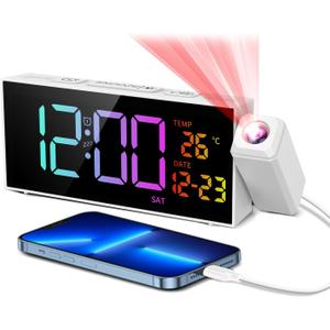 Netzu Projection Clock for Bedroom Ceiling, Alarm Clocks with 180 Rotatable Projector, Date Temperature and Weekday, Manual DST, 5 Brightness, 10 Ringtones, 4 Volumes (White RGB)