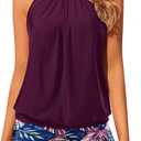 Yonique Tankini Swimsuits with Shorts - Tummy Control Two Piece Blouson Bathing Suits High Neck Swimwear (Medium, Purple Leaves)
