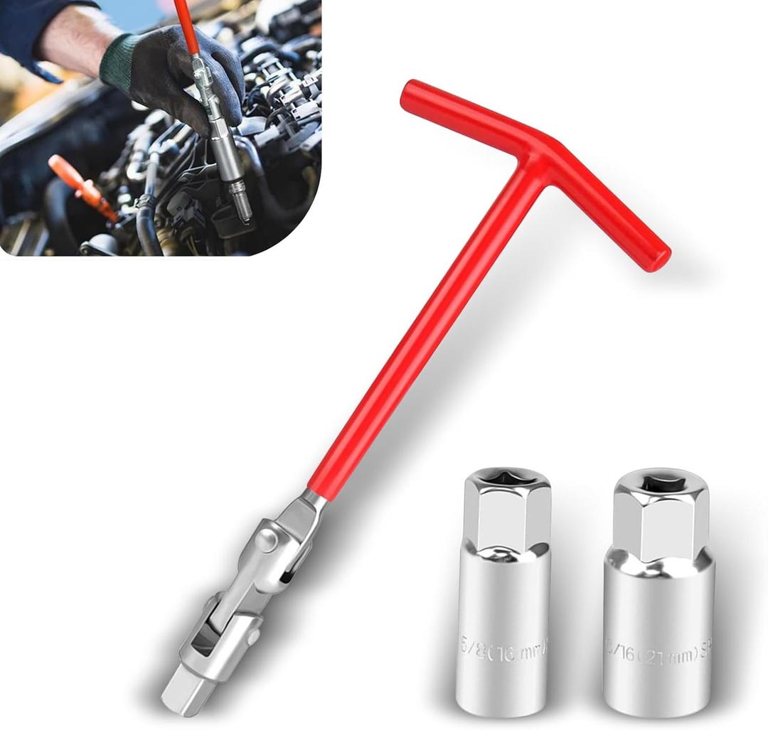 3 PCS Spark Plug Socket Wrench, T-Handle 16mm 5/8" & 21mm 13/16" Removal Tool Kits, Metal Socket Swivel Remover Installer Set, Universal for Truck SUVs Sedan