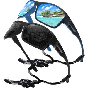 STORYCOAST Polarized Sports Sunglasses for Men Women Unbreakable Frame Cycling Fishing Driving (2pack Black+blue Mirror)
