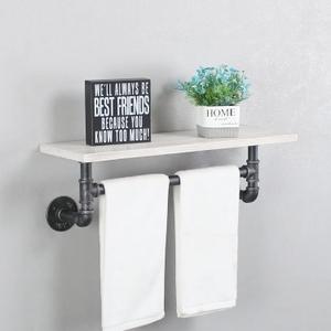 MBQQ Iron Pipe Shelves Industrial Bathroom Shelves with Towel bar,24in Rustic Metal Pipe Floating Shelves Pipe Wall Shelf,1 Tier Industrial Shelf Wall Mounted, Retro White
