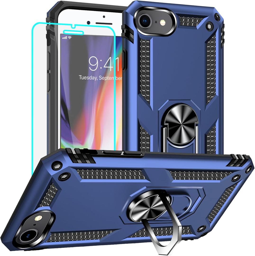 Yiakeng for iPhone 8 Case, iPhone 7 Case, iPhone SE 2020/2022 Case with Screen Protector, Military Grade Protective Cases with Ring for iPhone 8/7/SE 2020 (Blue)