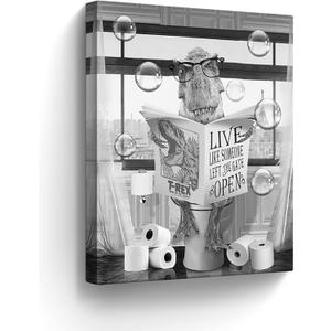 Dinosaur Canvas Wall Art - Farmhouse Bathroom Picture - Sitting in Toilet Reading Newspaper - 12"x16" Framed