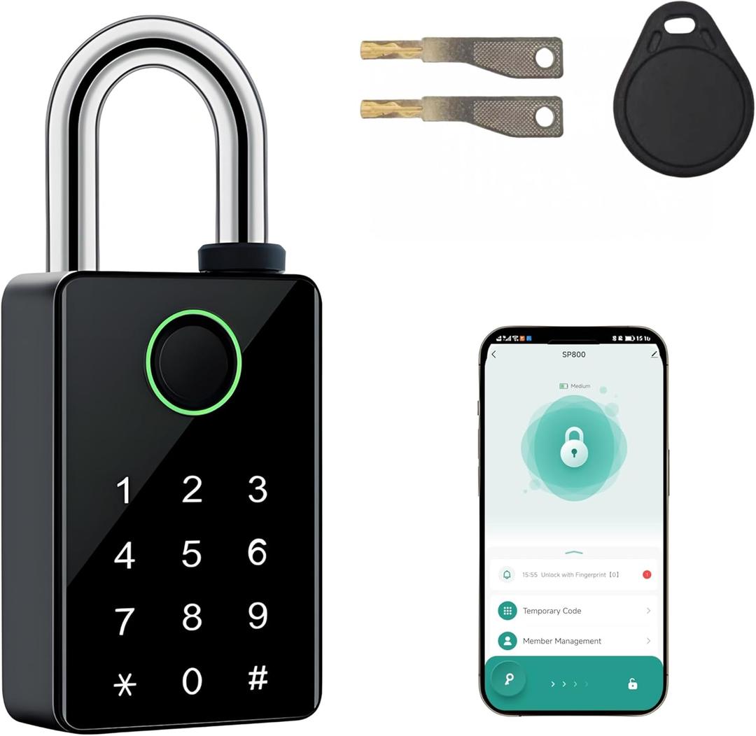 Heavy Duty Fingerprint Padlock with Key Backup, Waterproof Outdoor Smart Combination Gate Lock with IC Card, 5 Ways Unlock Smart Padlock