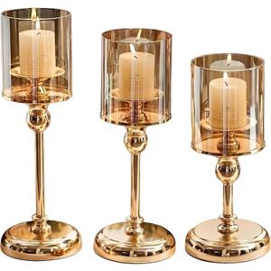 Gold Hurricane Candle Holders - Set of 3 Tall Candlestick Holders Windproof Taper Candle Holders, Metal Stand for Table Centerpiece Outdoor Indoor Wedding Party Holiday Decor
