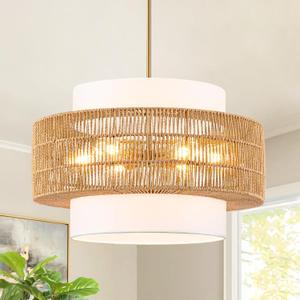 23.6" Boho Rattan Chandelier, 6-Light Large Rattan Pendant Light with Fabric Lampshade, Hand Woven Rattan Light Fixtures Farmhouse Boho Chandeliers for Dining Room, Living Room, Kitchen Island, Foyer