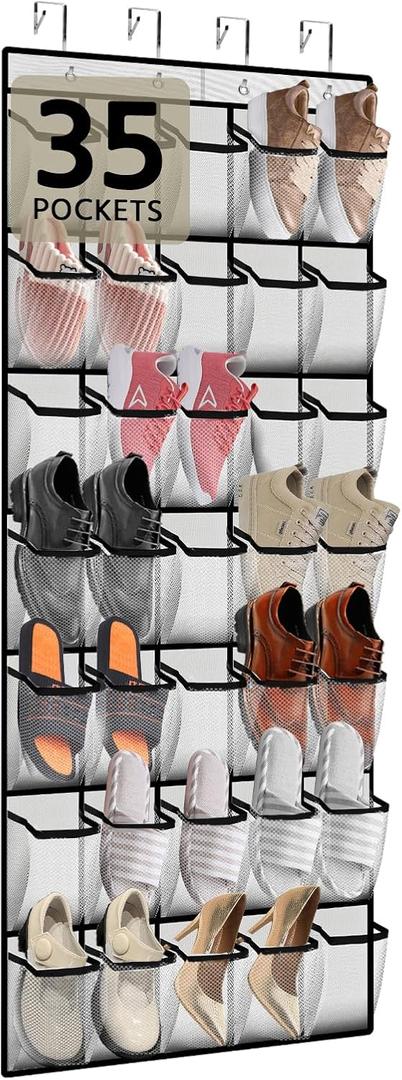 PAULONE 35 Pocket Over the Door Shoe Organizer,Reusable Breathable Large Mesh Bag Men's & Women's Sneaker Organizer,Shoe Organizer for Kids,Hanging Shoe Storage Hanging Bag (White, 35-Slot)