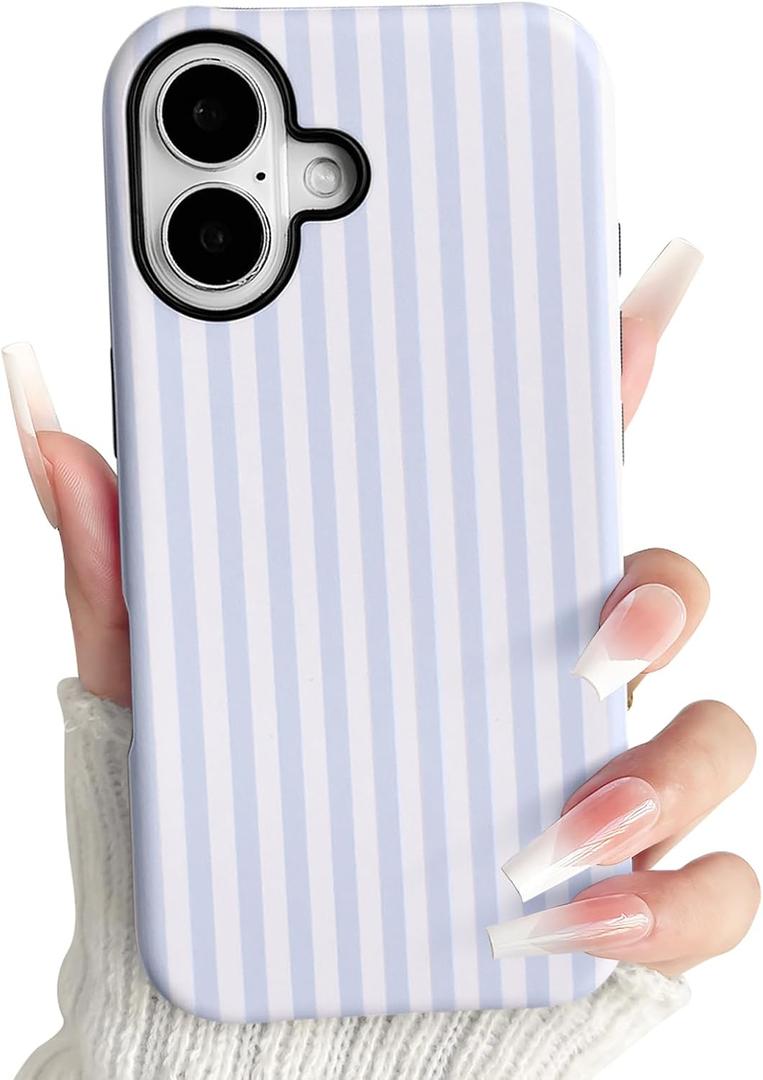 NITITOP Compatible with iPhone 17 Case Matte Cute Vertical Stripes for Women Girls Men Boy Striped Pattern Hybrid 2 Layers Back Shockproof Protective Cover - Light Blue