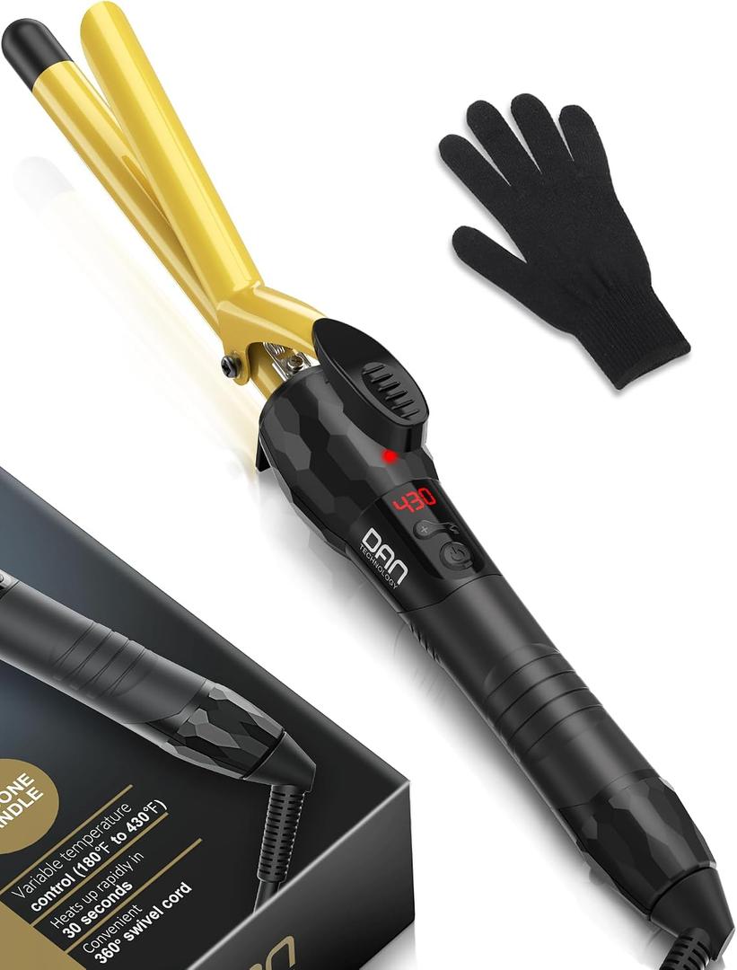 DAN Technology 5/8 Inch Curling Iron Wand, Tourmaline Ceramic Hair Curler with LCD Display (180F430F), Fast Heating, Dual Voltage, Auto Shut-Off, Black & Gold