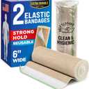 Premium Elastic Bandage Wrap - 6 (2pk) - Strong Compression - Self-Closing Reusable Bandages for Legs, Knee, Back, Abdomen, Lymphedema - Tummy Body Wrap - for First Aid Kit & After Surgery Recovery