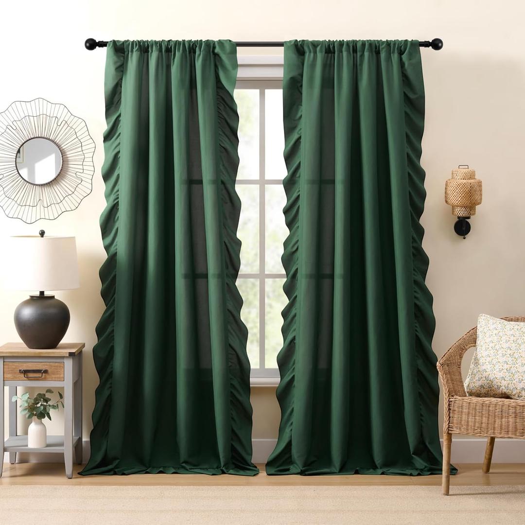 Dark Green Ruffle Curtains 84 Inches Long 2 Panels for Bedroom Living Room Soft-Touch Fabric Rod Pocket Light Filtering Romantic Vintage Ruffle Curtains for Holiday Cottage Window Privacy Decor, 52x84
