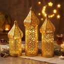 Set of 3 Ramadan Lanterns Eid Decorations 14" 13" 11" LED Large Candle Gold Lantern Metal Moroccan Lanterns with Lights Ramadan Decor for Table, Wall, Patio, Porch, Indoor Outdoor