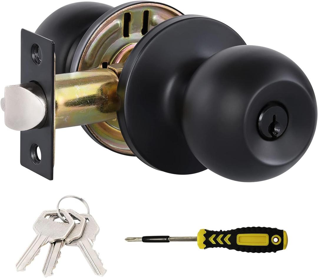 Lanwandeng Matte Black Door Knobs with Lock and Keys, Interior/Exterior Door Knob for Bedroom or Bathroom, Entry Door Lock (1 Pack)
