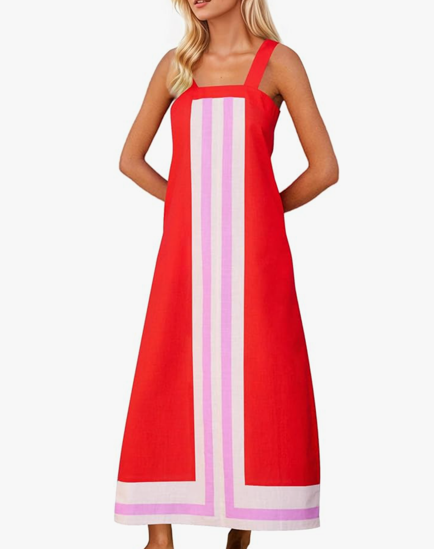 Women Color Block Maxi Dress Sleeveless Striped Flowy Beach Dress Square Neck Backless Casual Summer Dress. Size M