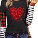 MHTOR Valentines Shirts Women Buffalo Plaid Love Heart Graphic Tees Letter Print Long Sleeve Tops Shirts Valentines Gift (Black, M)