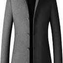 Lu's Chic Men's Slim Fit Wool Jackets & Coats Quilted Single Breasted Top Coat Business Casual Band Collar Trench Coats