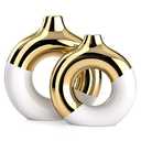 White and Gold Ceramic Vase Set of 2,Round Donut Hollow Flower Vases for Home Decor Accents,Modern Minimalist Centerpiece Table Decorations,Wedding,Living Room,Bookshelf,Office,Entryway