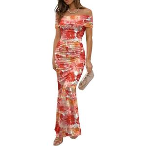 LUXVEER Wedding Guest Dresses for Women 2025 Floral Formal Cocktail Maxi Styles Off The Shoulder Stretch Sexy Bodycon Dress, Size: L