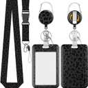 Uniclife Fashionable Sliding Badge Holder Black Leopard Print Plastic Card Holder with Retractable Badge Reel Carabiner & Detachable Lanyard Vertical Card Protector for Office Worker Teacher Student