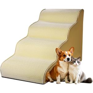 Dog Stairs for Small Dogs 19.7”H,Cowhide-Pattern Flocking Fabric,with Cushioning Support Layer,4-Step Dog Steps for High Bed,Couch,Sofa and Chair,Non-Slip Balanced Pet Ramp Indoor, Beige