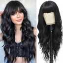 Black Wig with Bangs for Women Long Black Wavy Wigs, 26 Inch Natural Black Wigs Natural Looking Heat Resistant Synthetic Wig for Daily Party Use