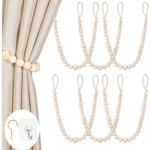 Wood Bead Curtain Tiebacks, KLOGTSIND Set of 6 Curtain Holdbacks for Thin or Thick Window Draperies, Boho Farmhouse Curtain Tiebacks with Hooks, Curtain Tie Backs for Home Office Room Decor