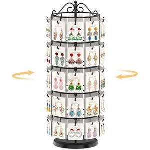 EsLuker.ly Earring Holder Organizer Rotating Display Tree Stand, Adjustable Height Earring Card Hanger Rack with 50 Hooks for Vendors Market Selling, 5 Tier Metal Jewelry Storage Tower, Black
